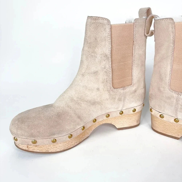 J Crew Clog Boots Leather Suede Faux Fur Lined Bronzed Clay Beige Size 8.5 - Picture 10 of 11